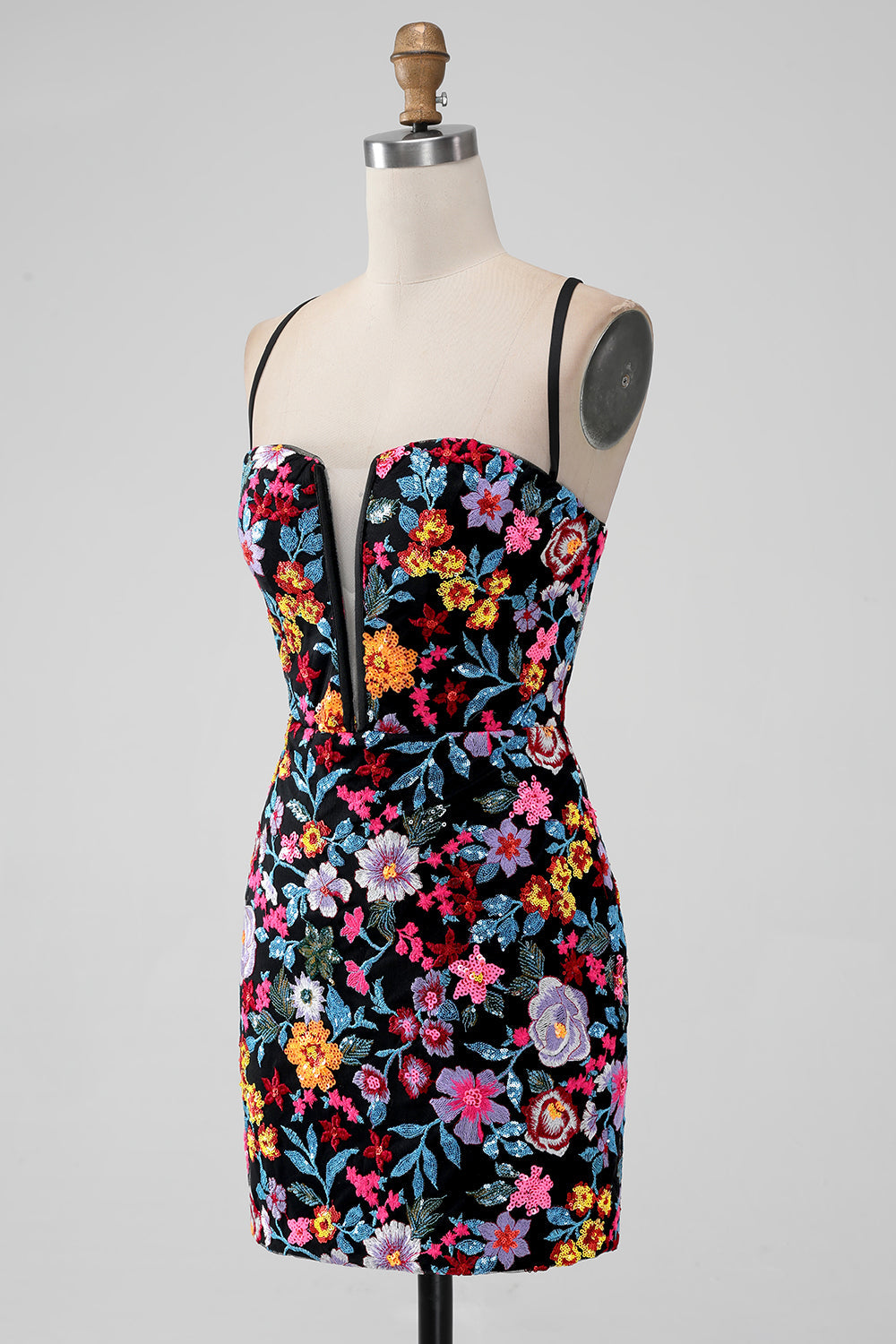 Black Flower Bodycon V Neck Spaghetti Straps Short Cocktail Dress
