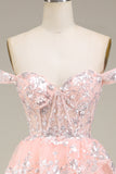 Princess A Line Off the Shoulder Blush Long Formal Dress with Appliques