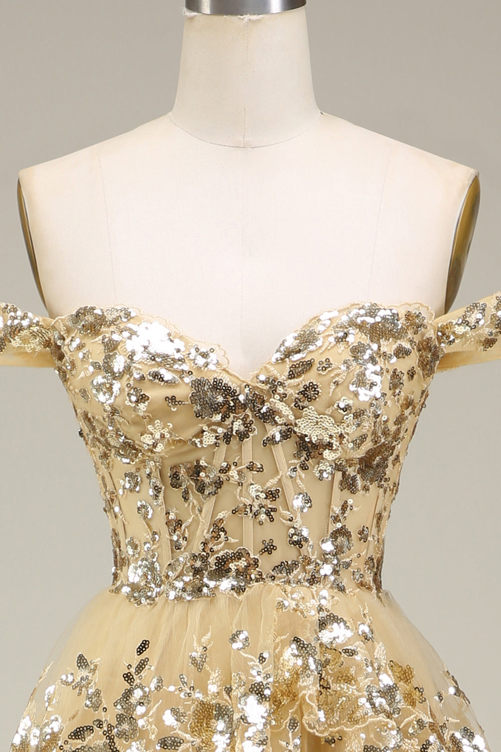 Princess A Line Off the Shoulder Golden Long Formal Dress with Appliques