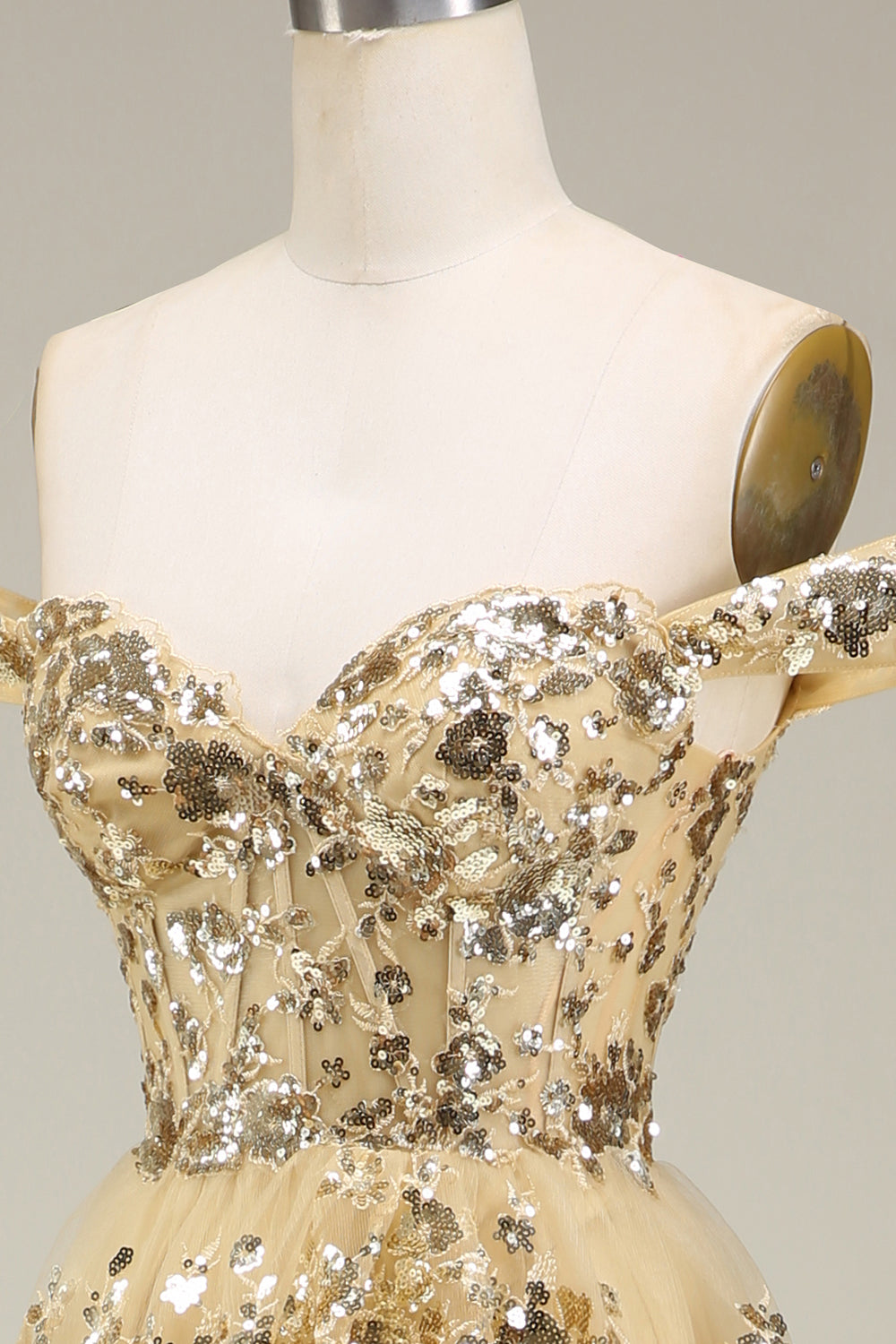 Princess A Line Off the Shoulder Golden Long Formal Dress with Appliques