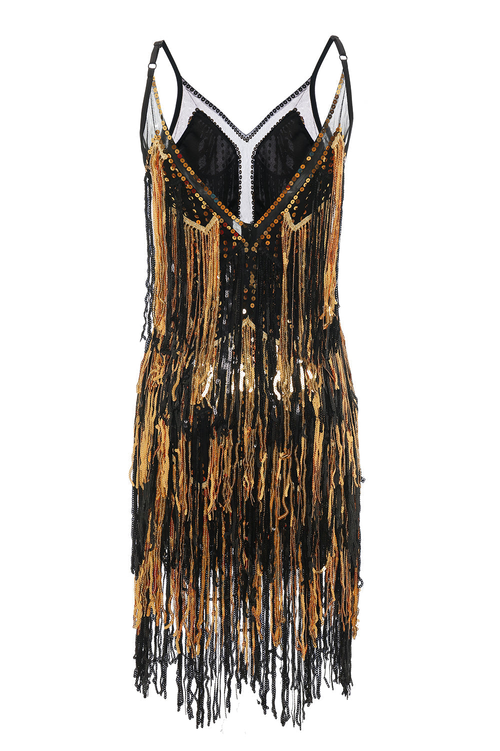 Spaghetti Straps Black Golden 1920s Dress with Fringes