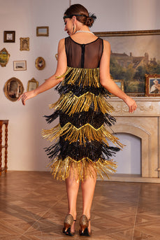 Sparkly Black and Golden Sequined Fringed 1920s Gatsby Flapper Dress