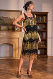 Sparkly Black and Golden Sequined Fringed 1920s Gatsby Flapper Dress