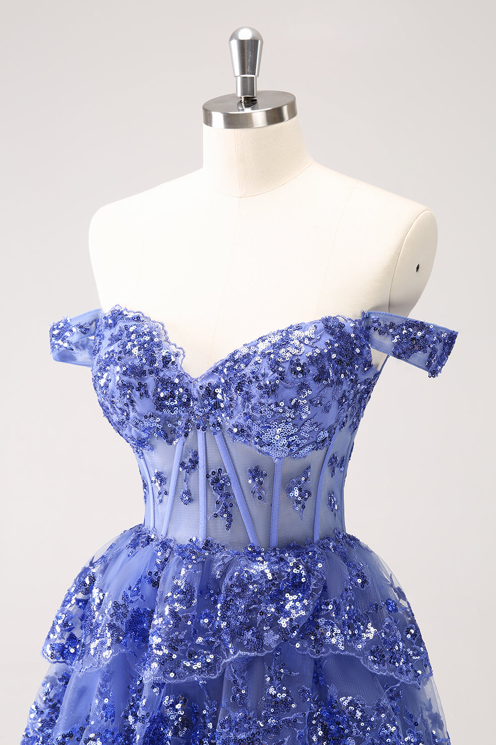 Sparkly Dark Blue A Line Off the Shoulder Corset Cocktail Dress with Ruffles