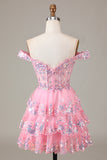Sparkly Blue Corset Tiered Lace A-Line Short Formal Dress