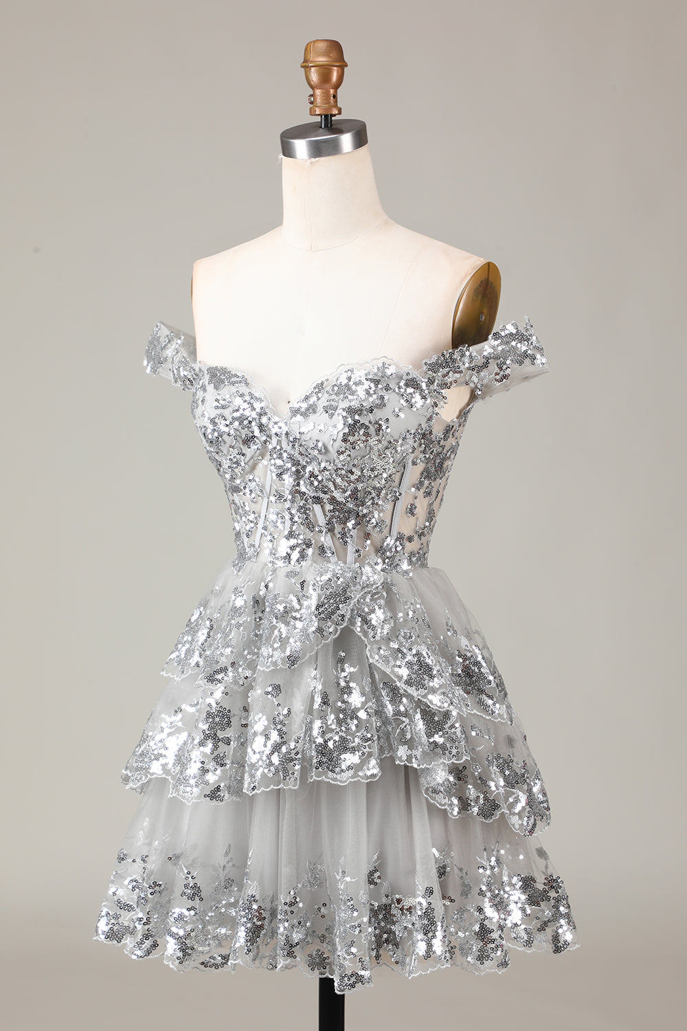 Sparkly Blue Corset Tiered Lace A-Line Short Formal Dress