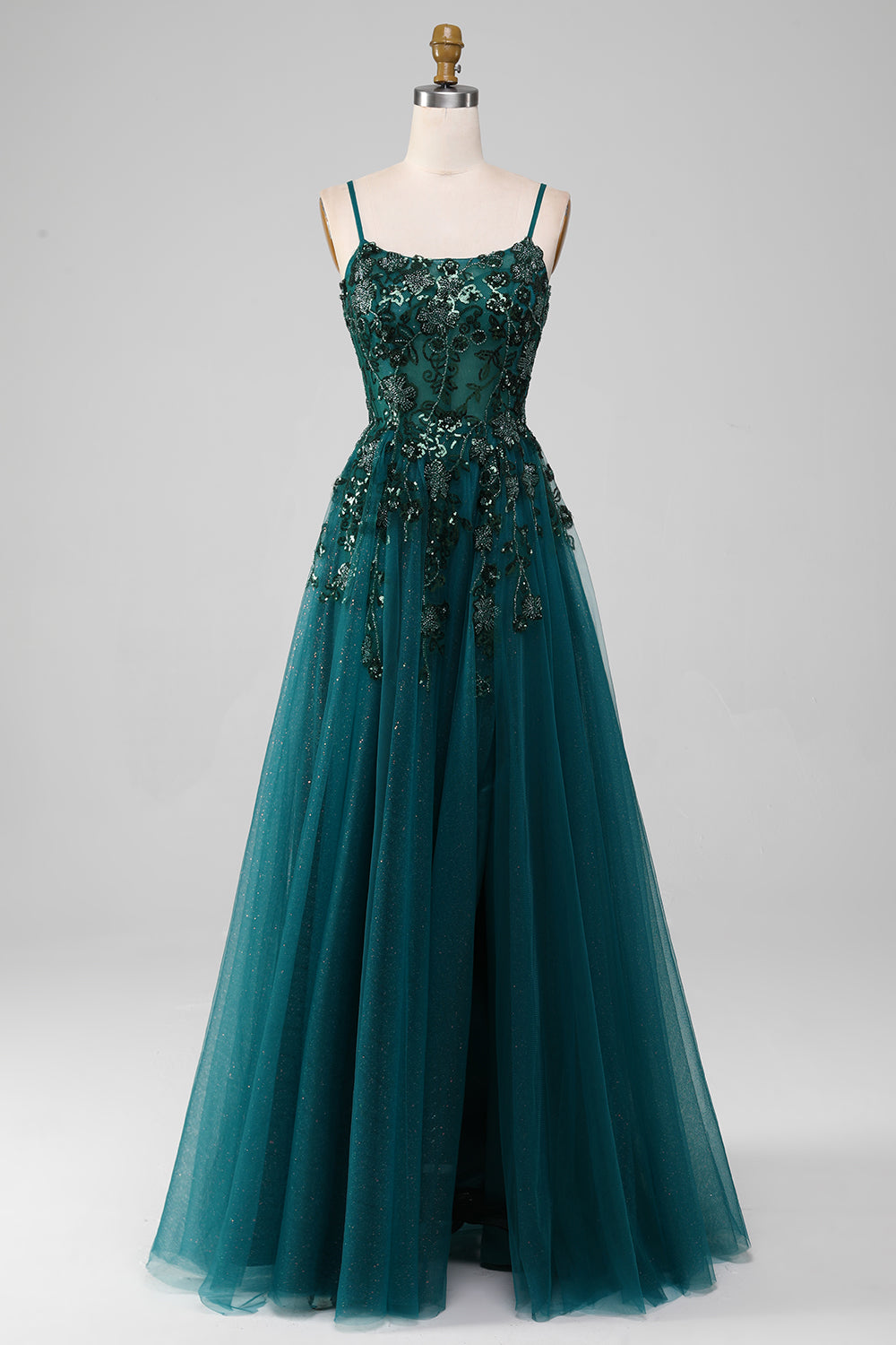Gorgeous A Line Spaghetti Straps Dark Green Long Formal Dress with Appliques