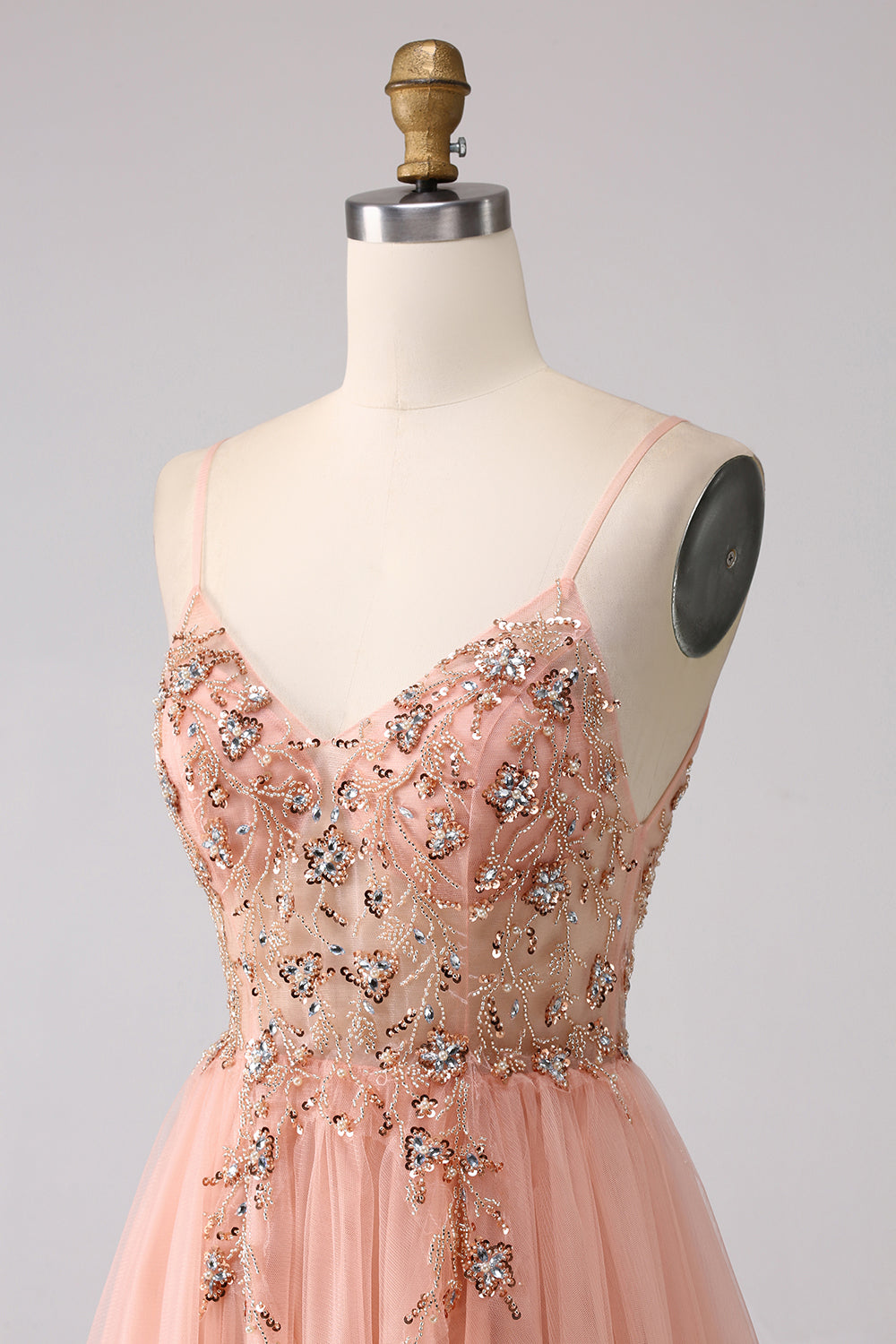 Sparkly Blush A Line Sequins Spaghetti Straps Long Formal Dress With Slit