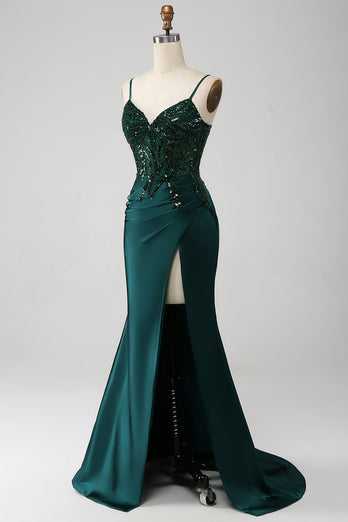 Sparkly Dark Green Mermaid Sequin Pleated Corset Formal Dress With Slit