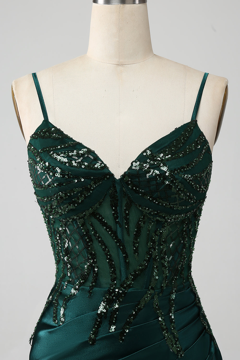 Sparkly Dark Green Mermaid Sequin Pleated Corset Formal Dress With Slit