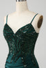 Load image into Gallery viewer, Sparkly Dark Green Mermaid Sequin Pleated Corset Formal Dress With Slit