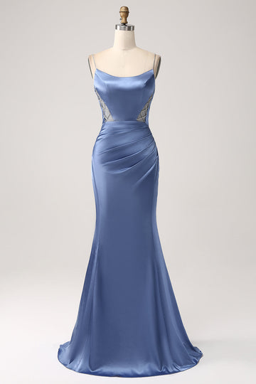 Mermaid Grey Blue Satin Spaghetti Straps Long Formal Dress