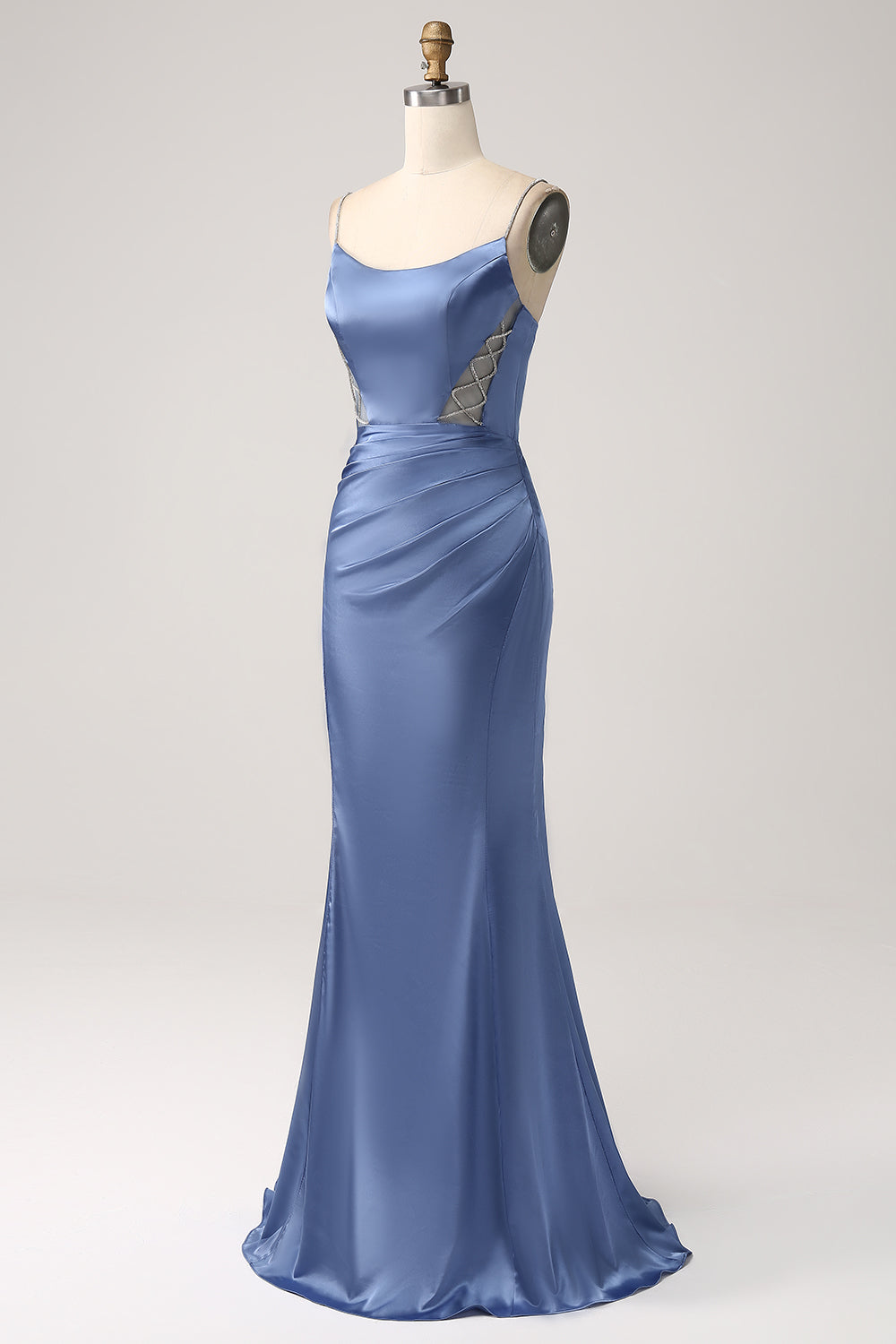 Mermaid Grey Blue Satin Spaghetti Straps Long Formal Dress