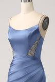 Mermaid Grey Blue Satin Spaghetti Straps Long Formal Dress