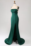 Dark Green Mermaid Spaghetti Straps Satin Formal Dress with Slit