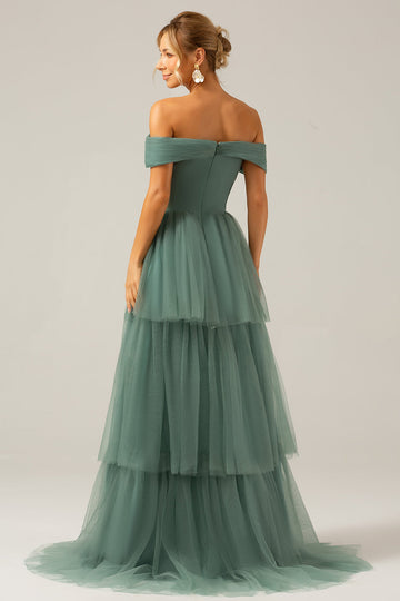Grey Green Tulle A Line Off the Shoulder Tiered Bridesmaid Dress