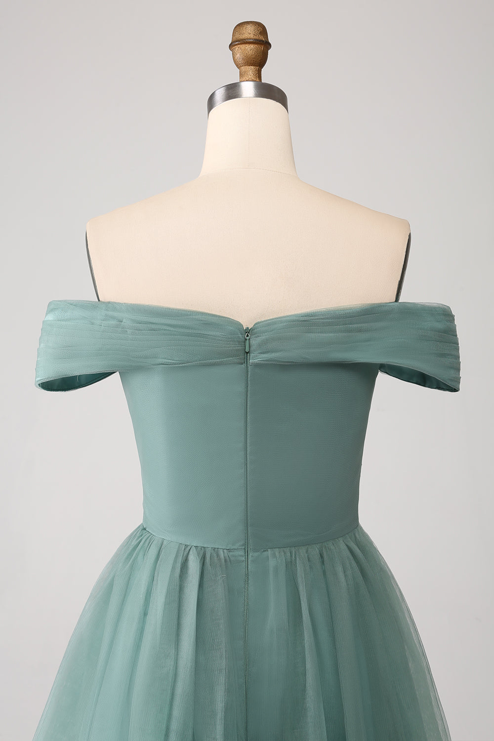 Grey Green Off the Shoulder Tiered Tulle A Line Formal Dress