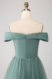 Grey Green Off the Shoulder Tiered Tulle A Line Formal Dress
