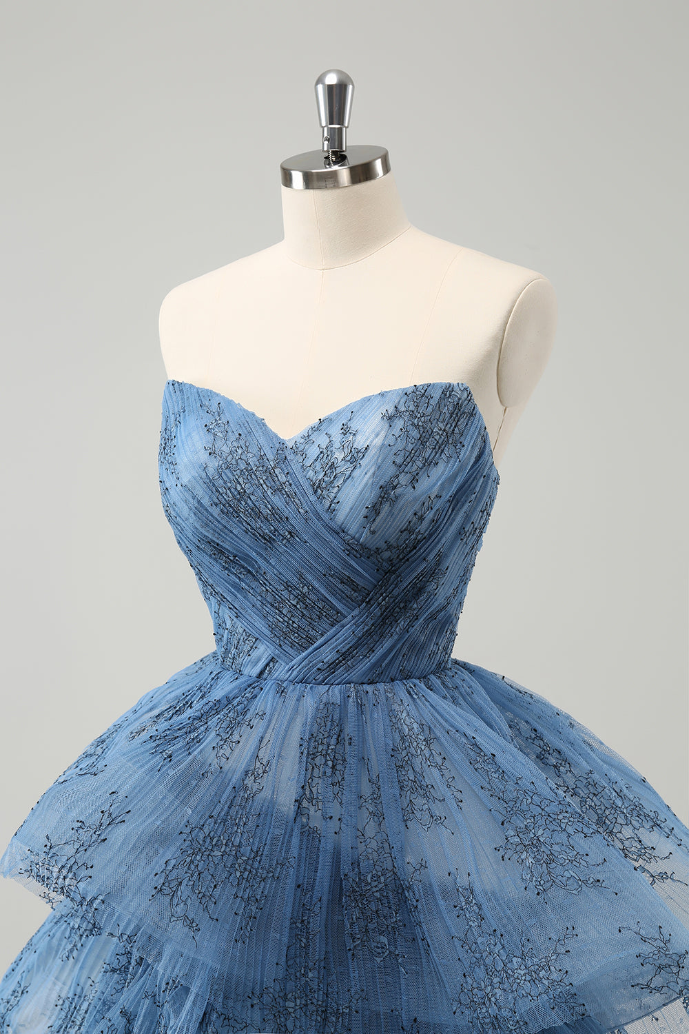 Grey Blue A-Line Embroidery Strapless Tiered Long Formal Dress