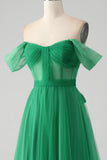 Dark Green A Line Off The Shoulder Corset Long Formal Dress