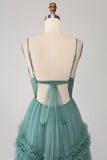 Green A Line Spaghetti Straps Tulle Long Formal Dress with Ruffles