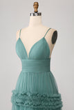 Green A Line Spaghetti Straps Tulle Long Formal Dress with Ruffles