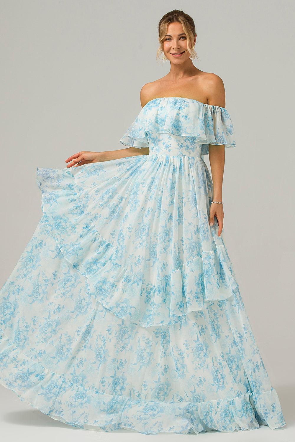 White Blue Floral Off The Shoulder Boho Long Bridesmaid Dress with Ruffles
