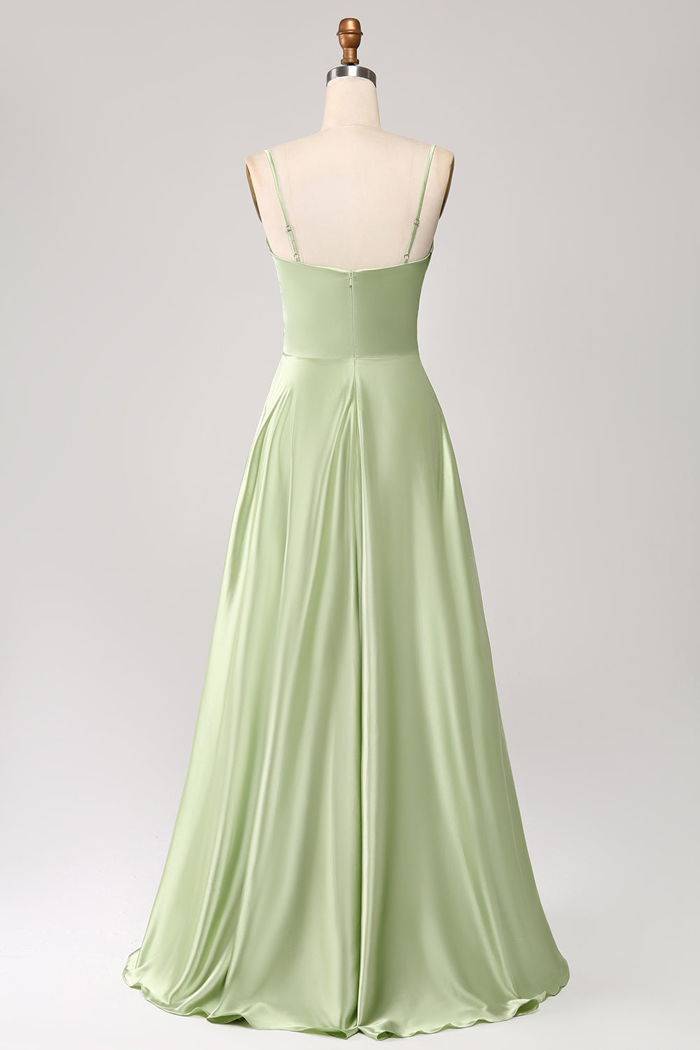 Dusty Sage A Line Cowl Neck Satin Long Formal Dress with Pleated
