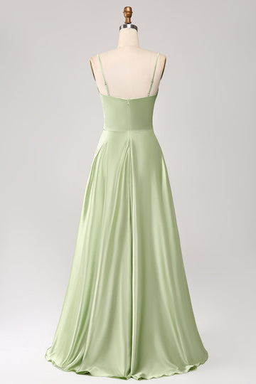 Dusty Sage A Line Cowl Neck Satin Long Formal Dress with Pleated