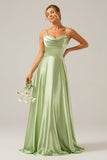 Dusty Sage A Line Cowl Neck Satin Long Bridesmaid Dress with Pleated