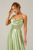 Dusty Sage A Line Cowl Neck Satin Long Bridesmaid Dress with Pleated