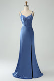 Grey Blue Mermaid Spaghetti Straps Corset Long Satin Bridesmaid Dress with Slit