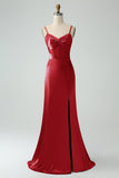 Mermaid Eucalptus Spaghetti Straps Long Satin Bridesmaid Dress with Slit