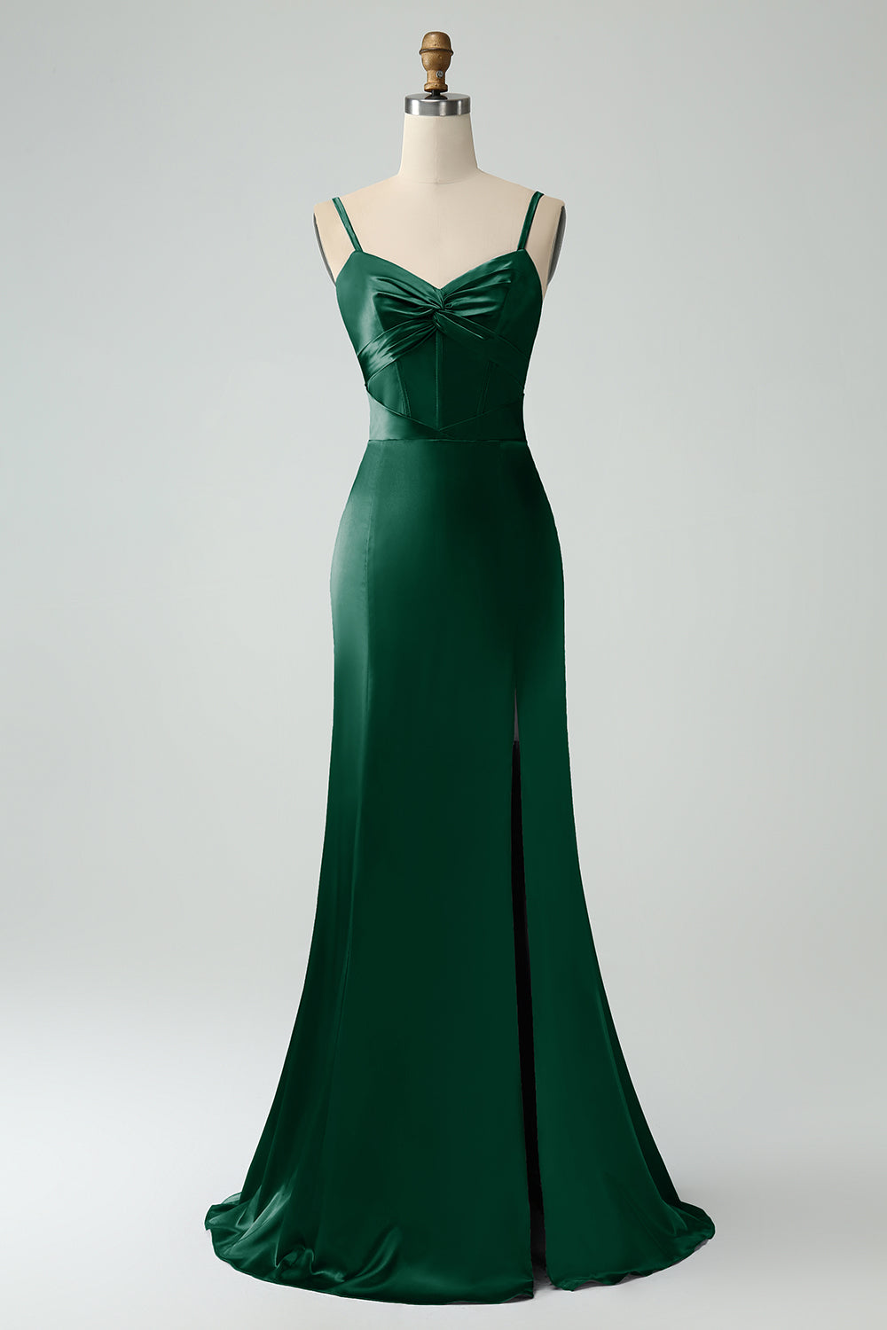 Mermaid Eucalptus Spaghetti Straps Long Satin Bridesmaid Dress with Slit