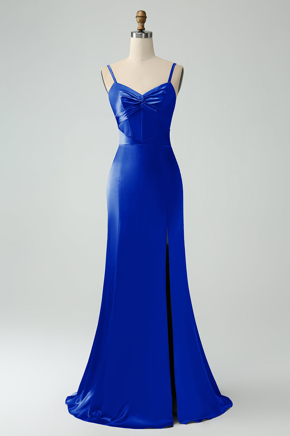 Mermaid Eucalptus Spaghetti Straps Long Satin Bridesmaid Dress with Slit