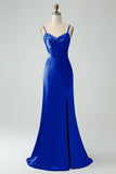 Mermaid Eucalptus Spaghetti Straps Long Satin Bridesmaid Dress with Slit