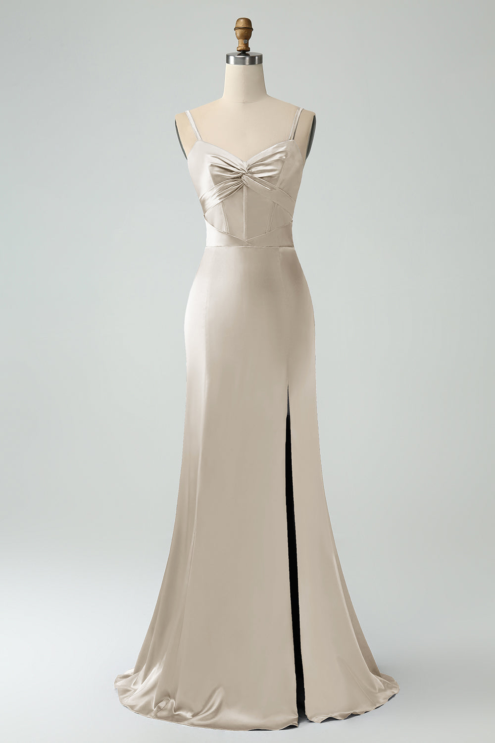 Mermaid Eucalptus Spaghetti Straps Long Satin Bridesmaid Dress with Slit