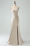 Mermaid Eucalptus Spaghetti Straps Long Satin Bridesmaid Dress with Slit