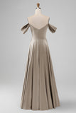 Off the Shouder Dusty Sage A Line Satin Long Bridesmaid Dress