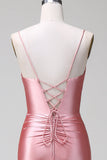 Blush Mermaid Spaghetti Straps Satin Formal Dress with Slit