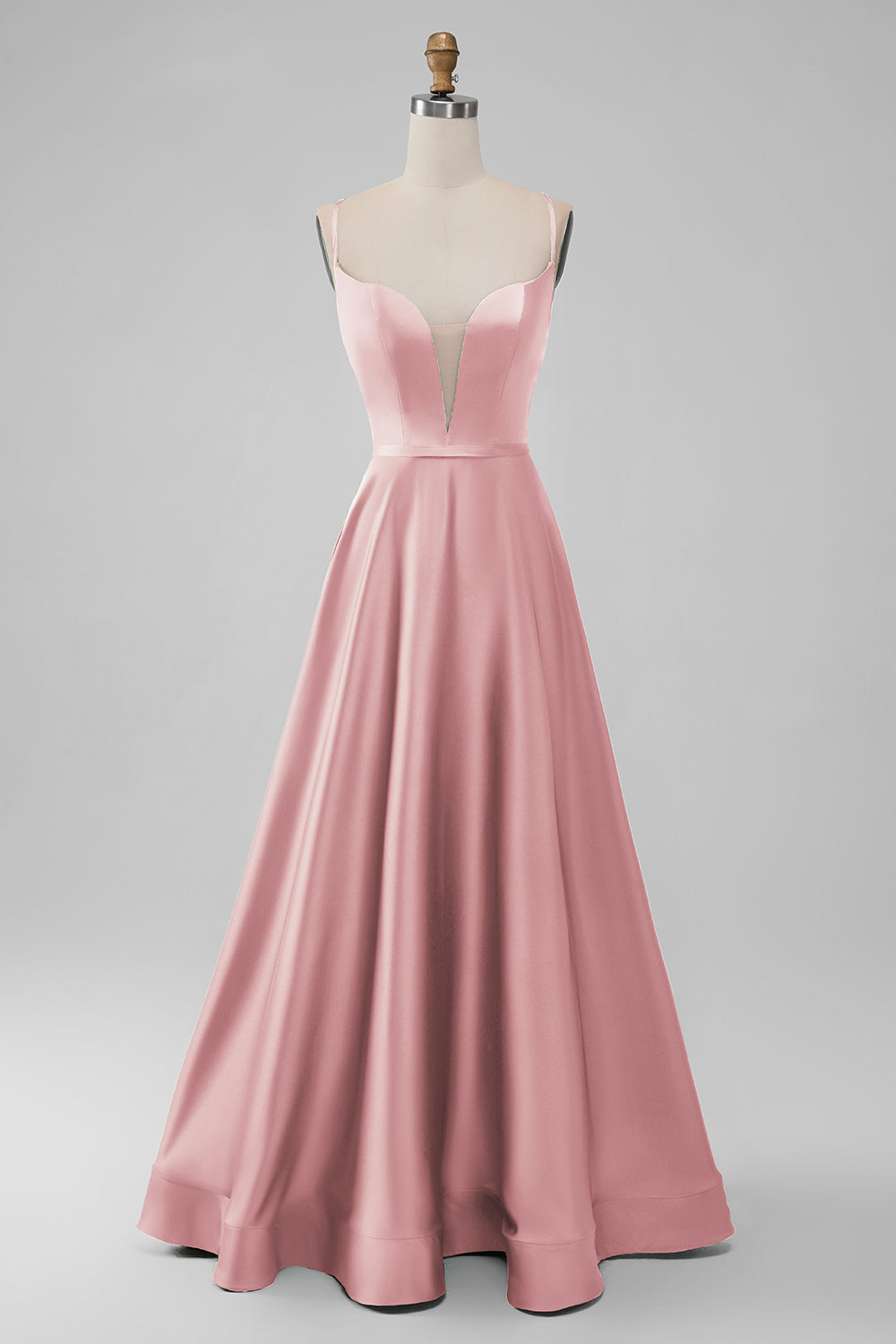 Dusty Rose A-Line V Neck Satin Long Bridesmaid Dress