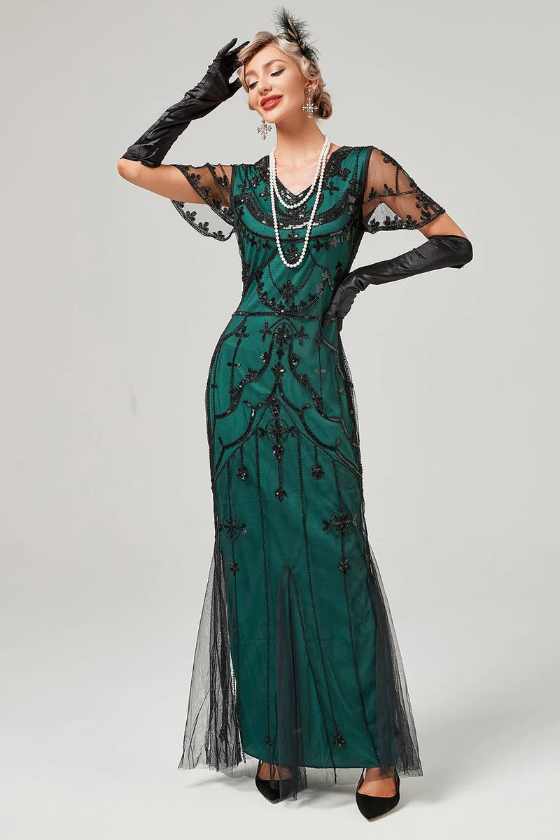 ZAPAKA Women Vintage Green Beaded Long Flapper Dress with 1920s