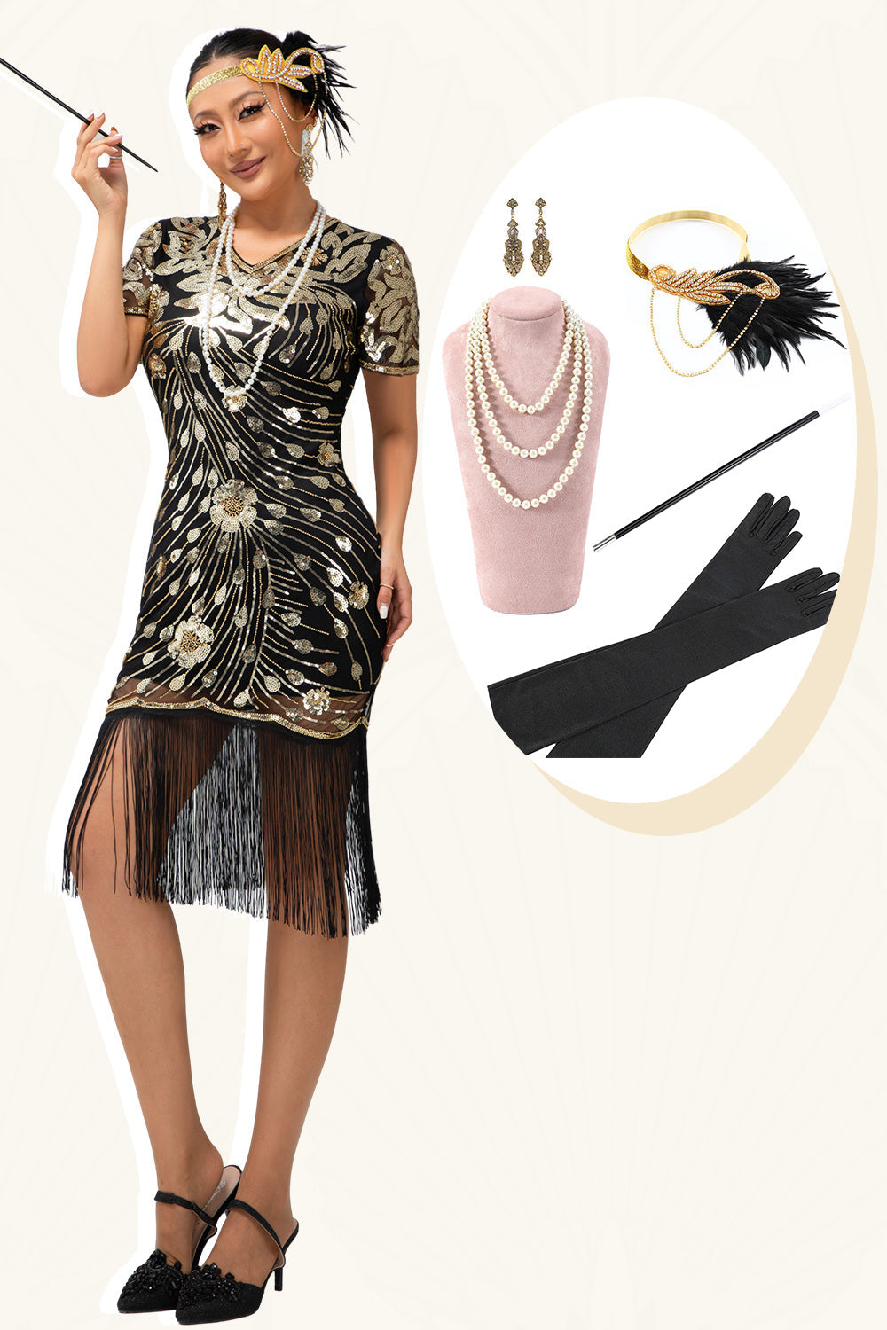 Sparkly Black Golden Sequins Fringe Gatsby 1920s Dress with Accessories Set