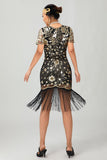 Sparkly Black Golden Sequins Fringe Gatsby 1920s Dress with Accessories Set