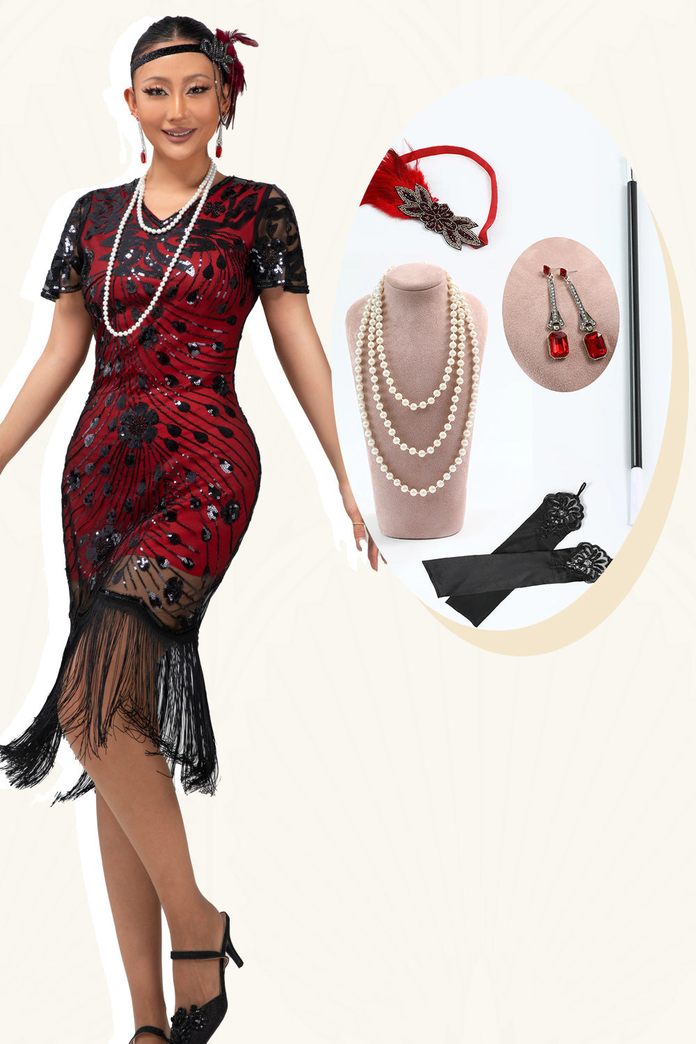 Sparkly Black Red Bodycon Fringed Midi 1920s Dress with 5-Piece Accessories Set