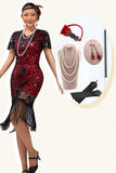Sparkly Black Red Bodycon Fringed Midi 1920s Dress with 5-Piece Accessories Set