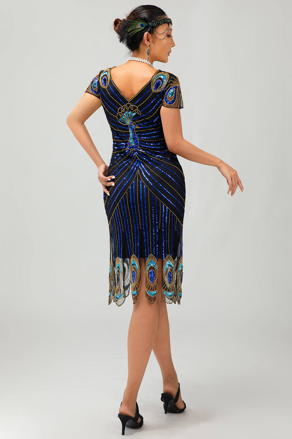 Sparkly Black Blue Bodycon V Neck Midi 1920s Dress with 5-Piece Accessories Set