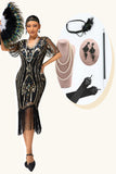 Sparkly Black Golden Fringed Bodycon 1920s Dress With 5-Piece Accessories Set