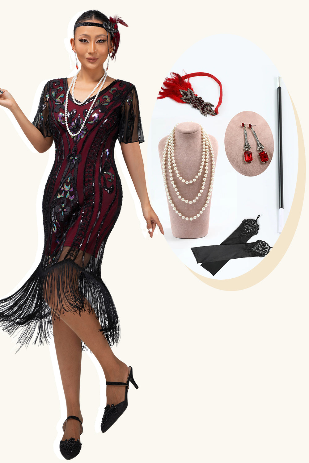 Sparkly Burgundy Gatsby Tight Fringed Midi 1920s Dress with Accessories Set