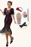 Sparkly Burgundy Gatsby Tight Fringed Midi 1920s Dress with Accessories Set